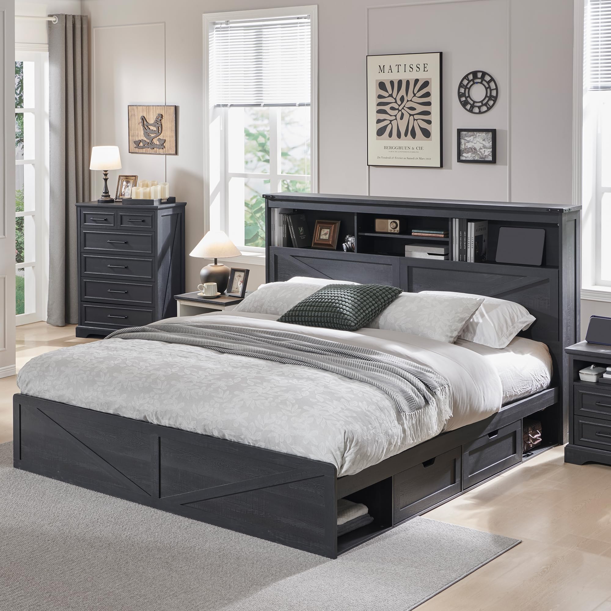 King Size Bed Frame With Storage Drawers - 52인치 높이의 수납형 책장과 4개의 서랍이