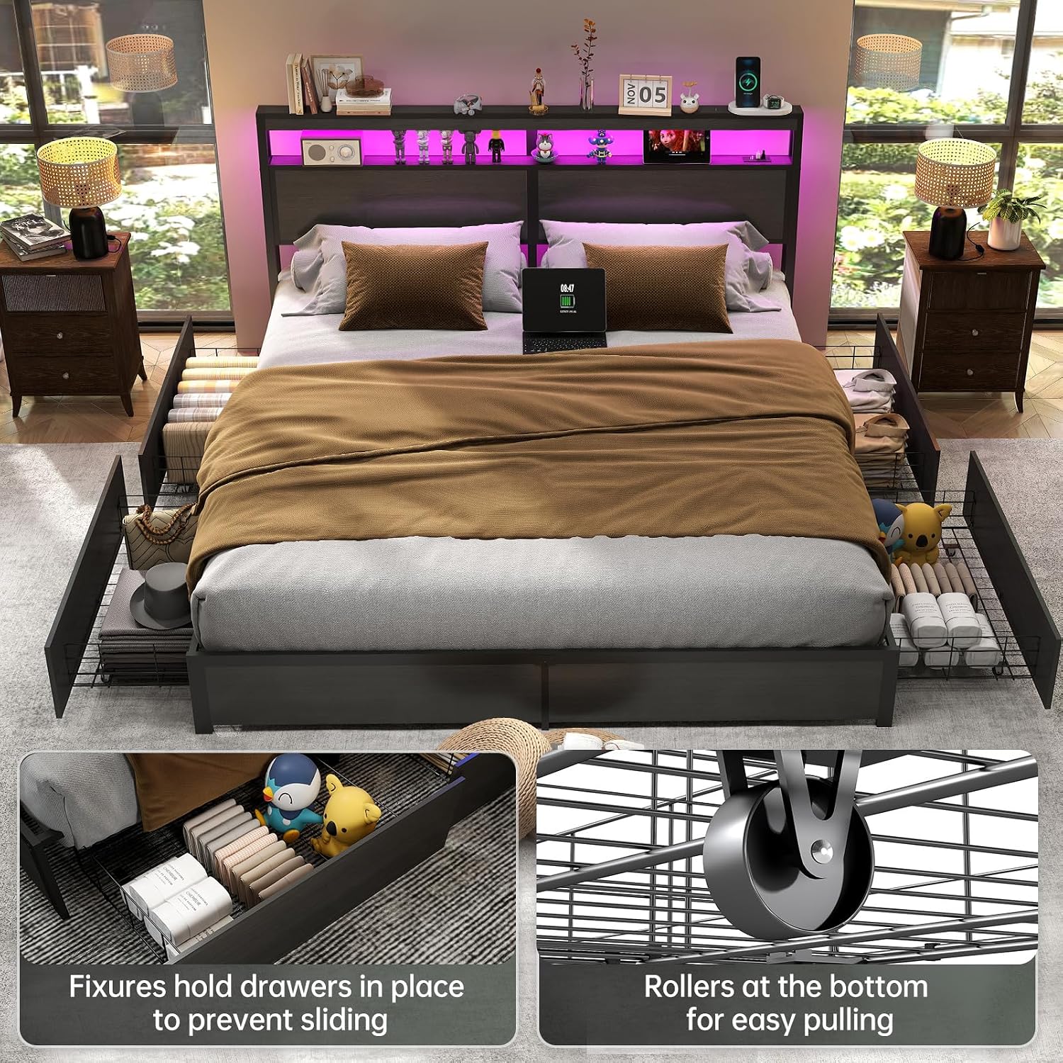 King Size Bed Frame With Storage Drawers - 킹사이즈 침대 프레임, LED 조명 헤드보드