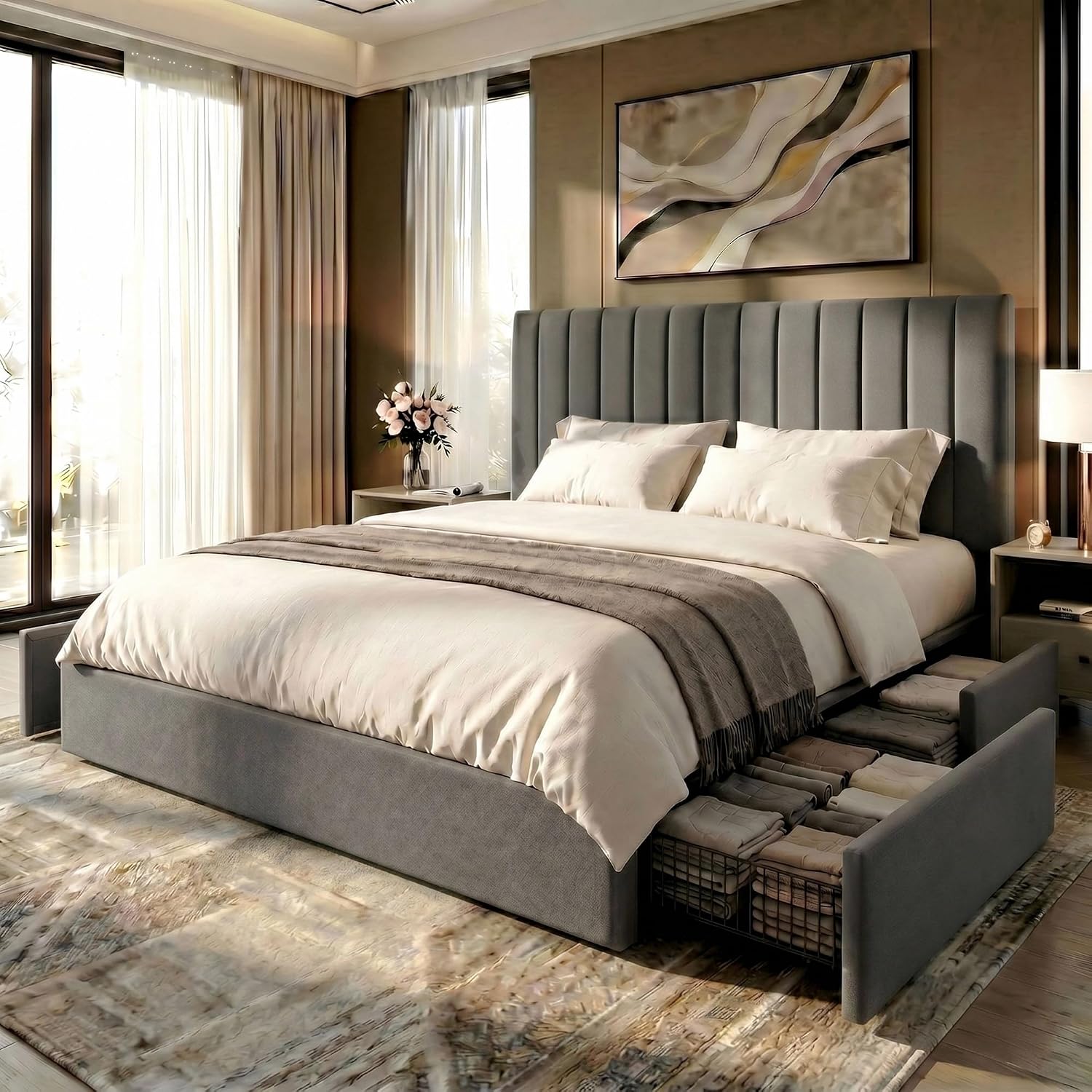 King Size Bed Frame With Storage Drawers - 4개의 넉넉한 크기의 수납 서랍이 있는