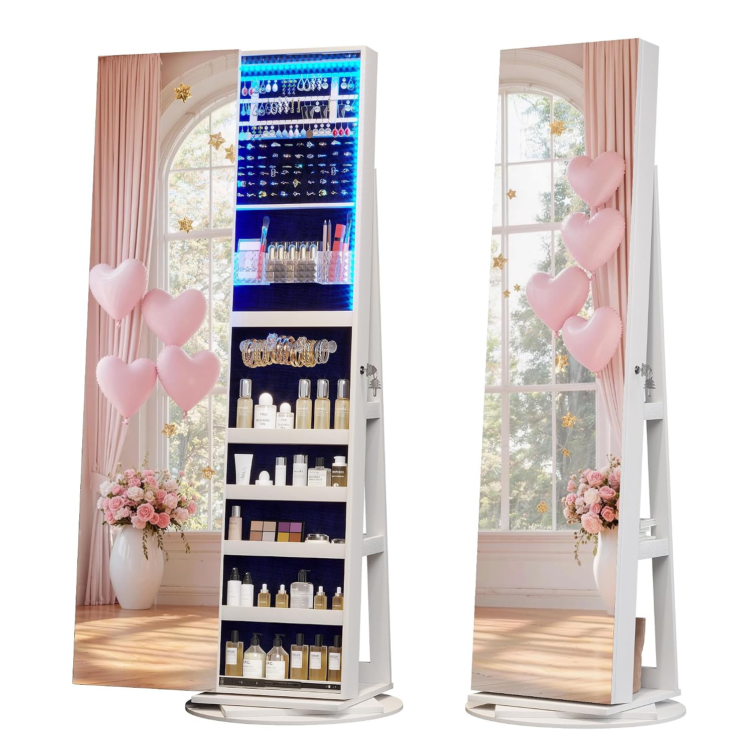 Full Length Mirror Jewelry Armoire - 360 ° 조명이 설치된 회전식 주얼리