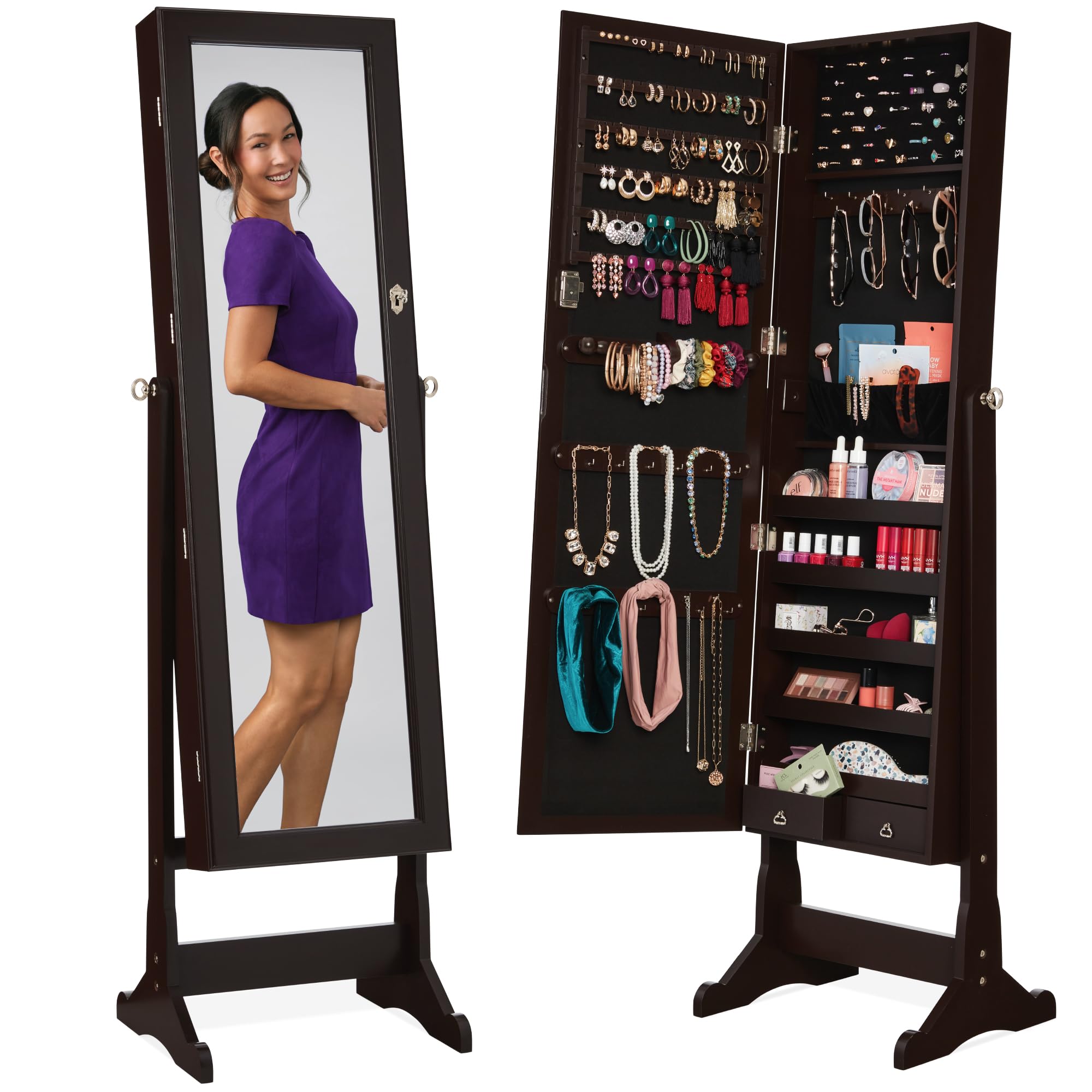 Full Length Mirror Jewelry Armoire - 자립형 주얼리 보관장, 전신 거울, 잠금장치가