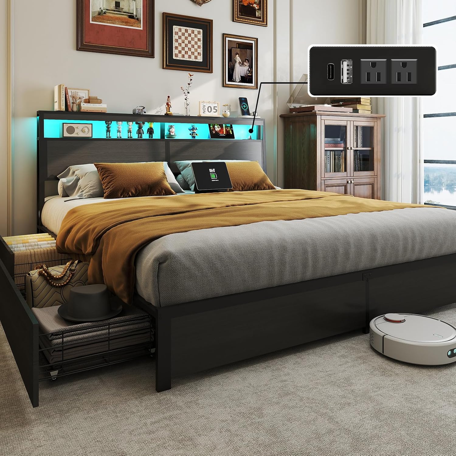 킹사이즈 침대 프레임, LED 조명 헤드보드 및 4개의 - King Size Bed Frame With Storage Drawers 리뷰 및 가격