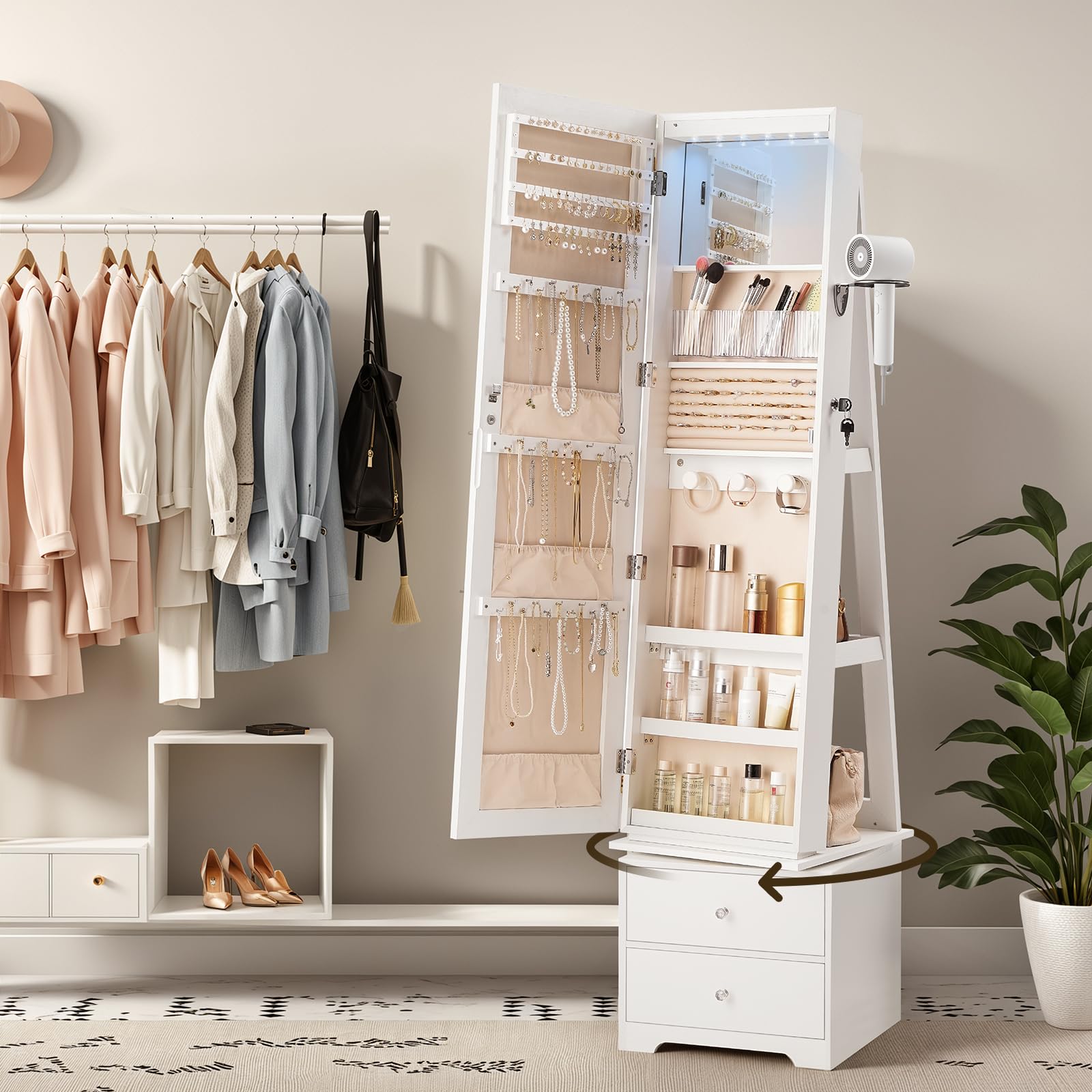 360 °   LED 조명이 장착된 회전식 주얼리 수납 - Full Length Mirror Jewelry Armoire 리뷰 및 가격