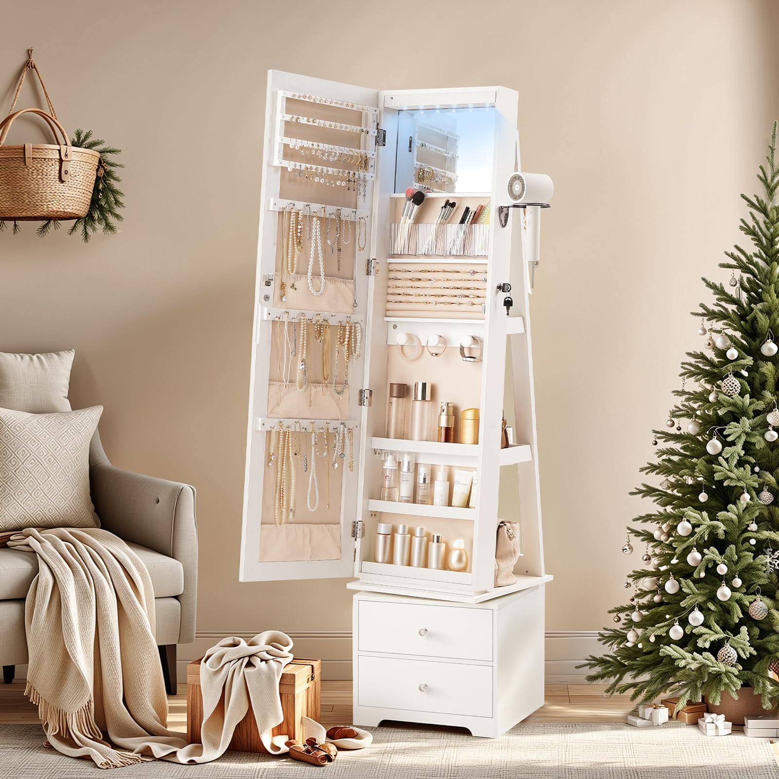 360 °   LED 조명이 장착된 회전식 주얼리 수납 - Full Length Mirror Jewelry Armoire 리뷰 및 가격