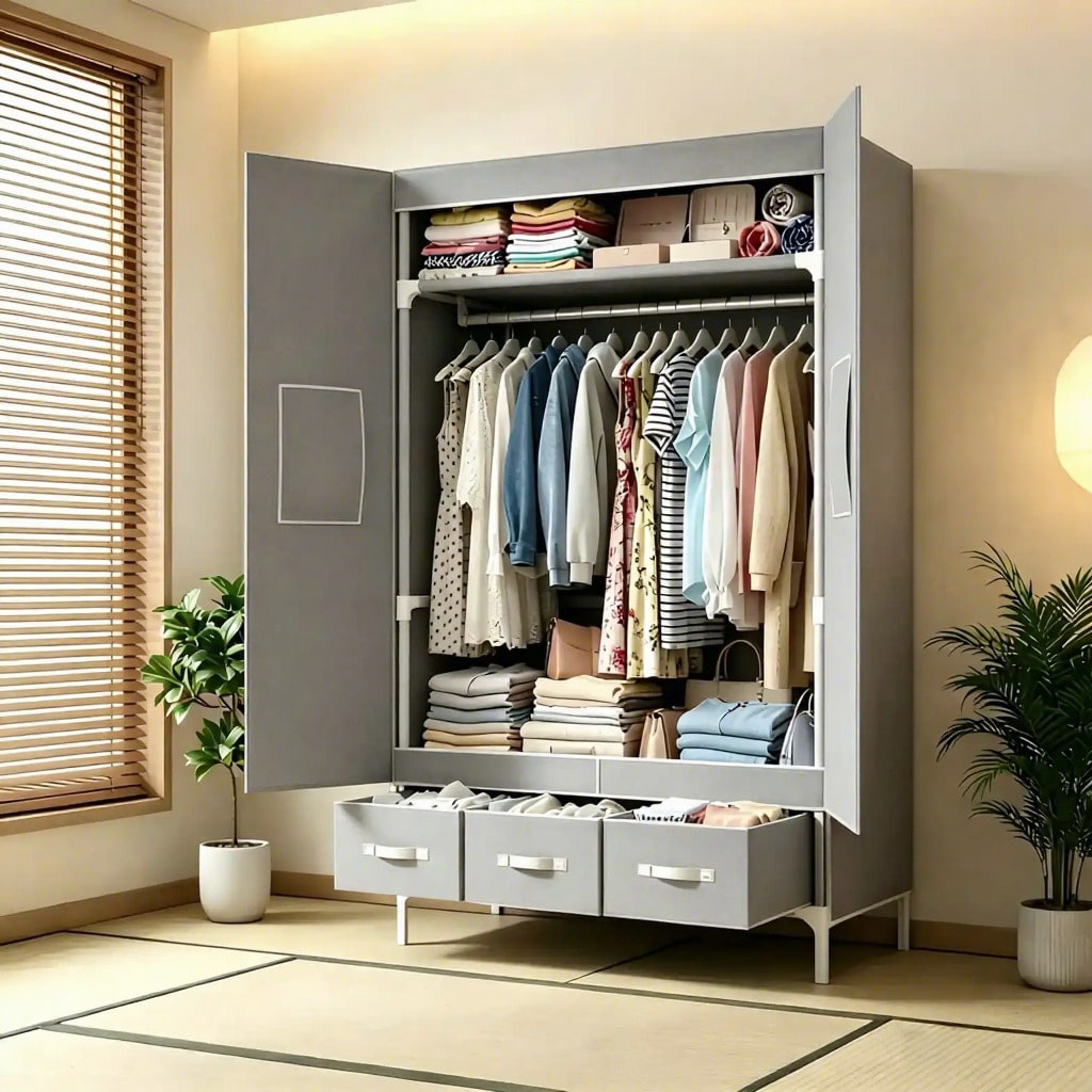 휴대용 옷장, 57.48인치 옷 정리함, 3개의 옷걸이 - Wardrobe Closet Portable Fabric Cover 리뷰 및 가격