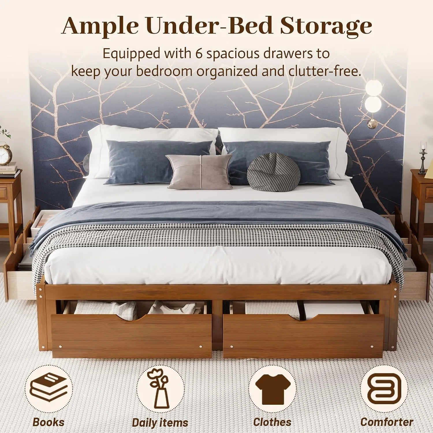 미니멀한 디자인의 소나무 소재 플랫폼 침대 프레임, 6 - King Size Bed Frame With Storage Drawers 리뷰 및 가격